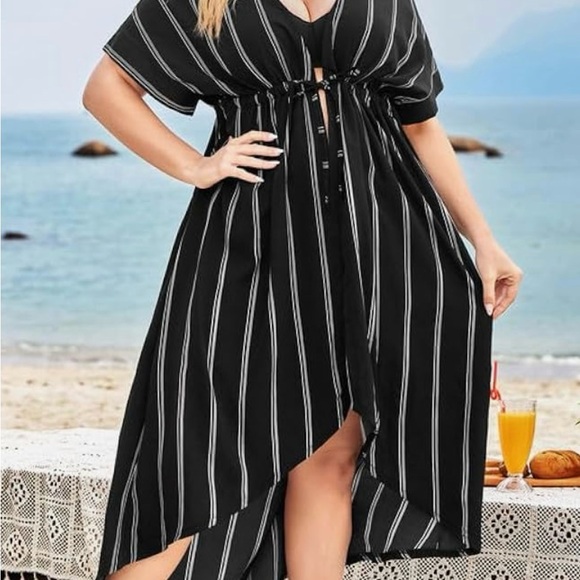 Women Plus Size Long Cover up Stripe Bikini Coverups Kimono Tie Front. - Picture 2 of 3